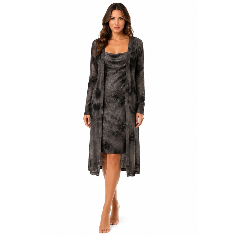 Lovely Day Women's Gray Tie Dye Long Kimono Cardigan and Sleeveless Dress Size L